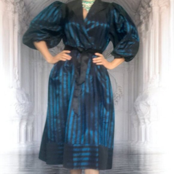 Vintage 80 by Michael Maiello for Pat Richards Striped Blue and Black Wrap Dress - Picture 2 of 14
